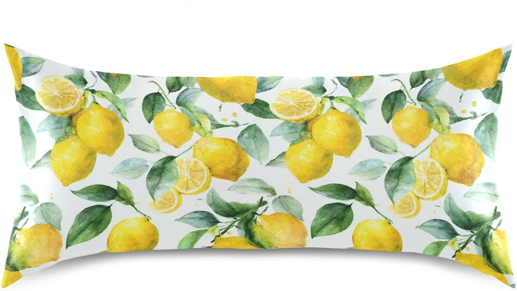Watercolor Lemon Leaf Satin Pillowcase with Envelope Closure Yellow Standard Size Pillow Case, Silky Pillow Cover for Home Bedroom Sofa 20x26 in