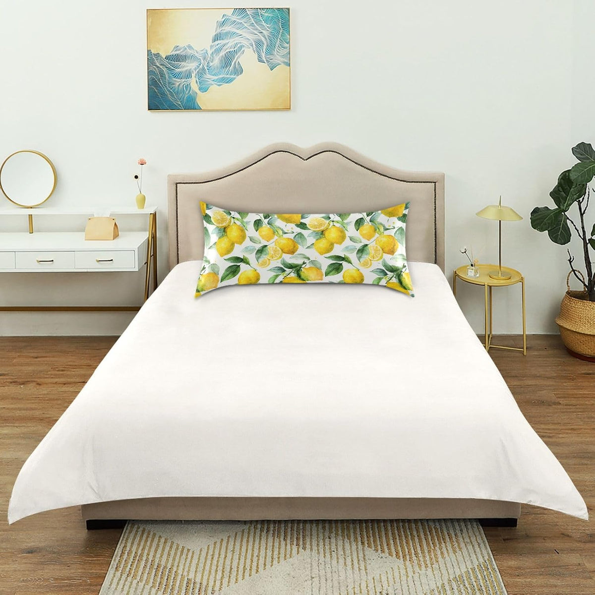 Watercolor Lemon Leaf Satin Pillowcase with Envelope Closure Yellow Standard Size Pillow Case, Silky Pillow Cover for Home Bedroom Sofa 20x26 in