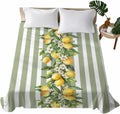 Lemon Striped Flat Bed Sheet Queen Size for Queen Mattress, Microfiber Bedding Top Sheets Deep Pocket for All Seasons, Sage Green Geometric Yellow Floral Leaf Soft & Breathable Hotel Quality