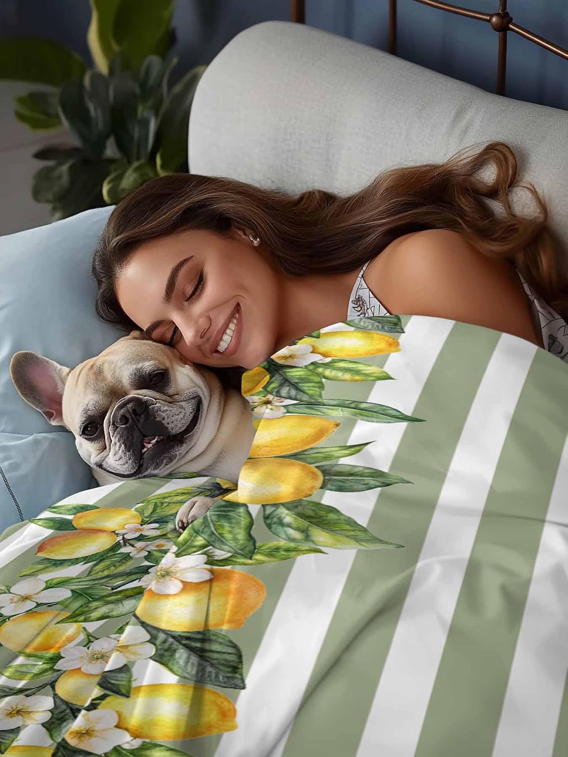 Lemon Striped Flat Bed Sheet Queen Size for Queen Mattress, Microfiber Bedding Top Sheets Deep Pocket for All Seasons, Sage Green Geometric Yellow Floral Leaf Soft & Breathable Hotel Quality