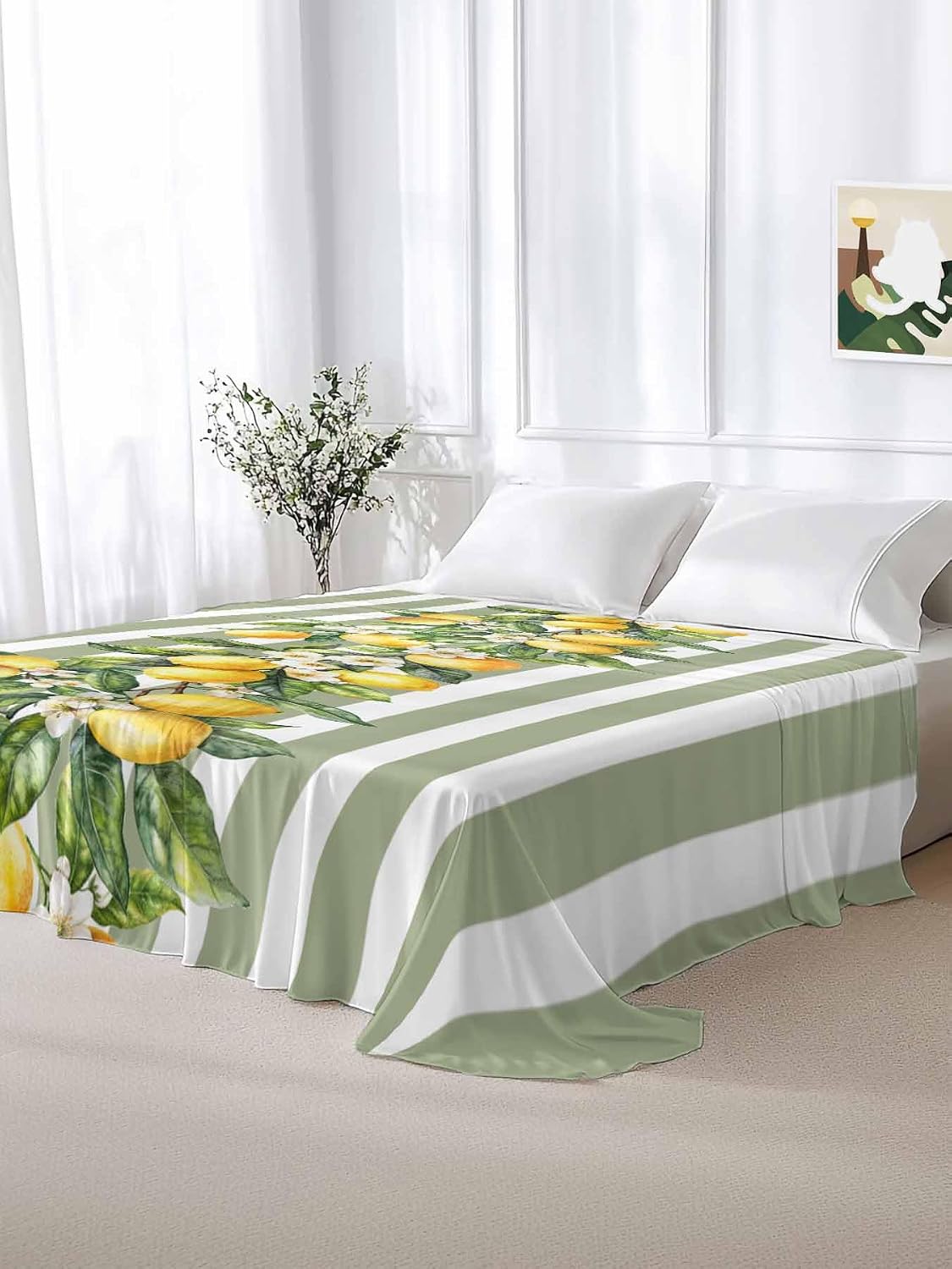 Lemon Striped Flat Bed Sheet Queen Size for Queen Mattress, Microfiber Bedding Top Sheets Deep Pocket for All Seasons, Sage Green Geometric Yellow Floral Leaf Soft & Breathable Hotel Quality