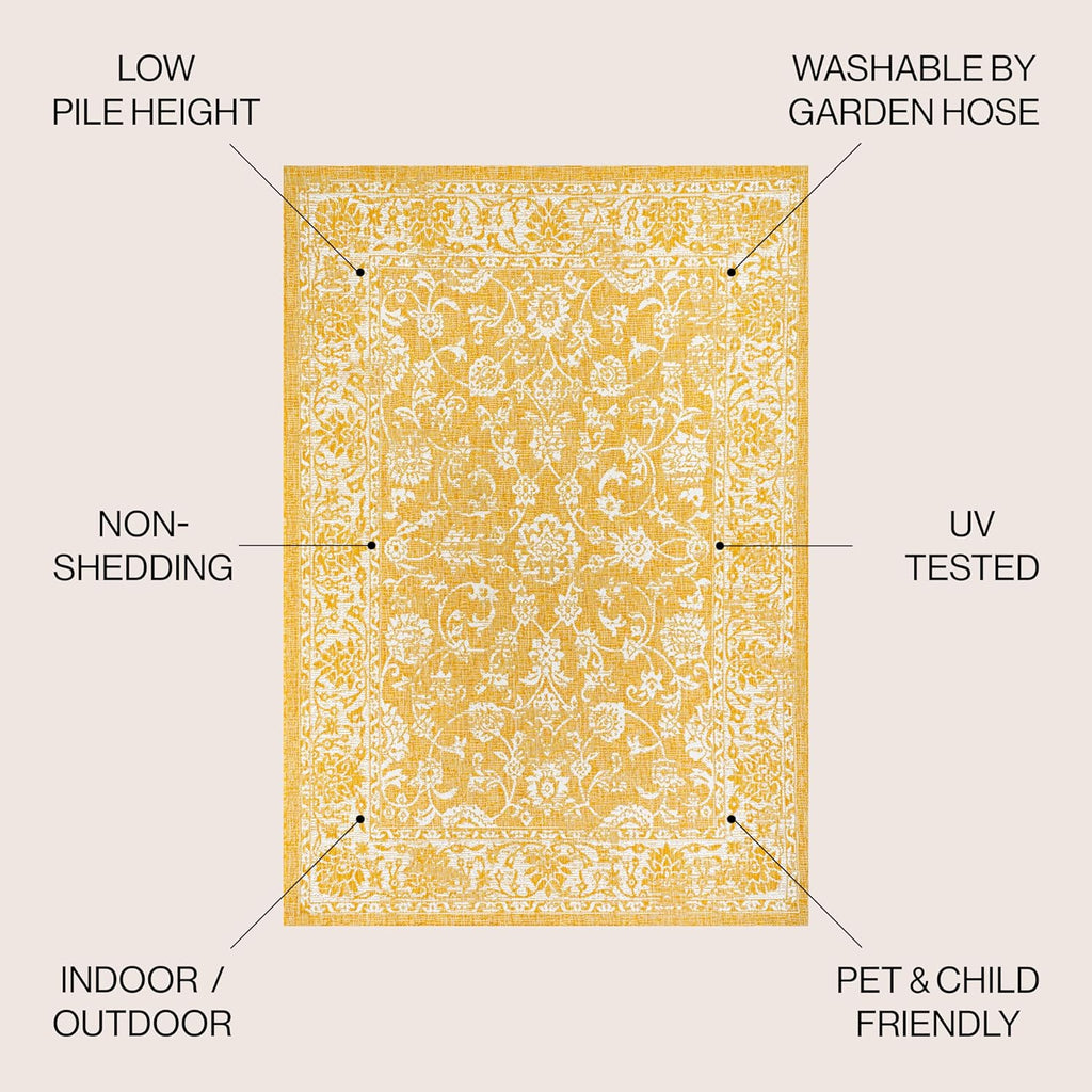 Weave Floral Indoor Outdoor Area Rug 4X6 Yellow/Cream, Tela Bohemian Textured for Backyard, Patio, Porch, Easy-Cleaning, High Traffic, Pet-Friendly, Non-Shedding (SMB100E-4)