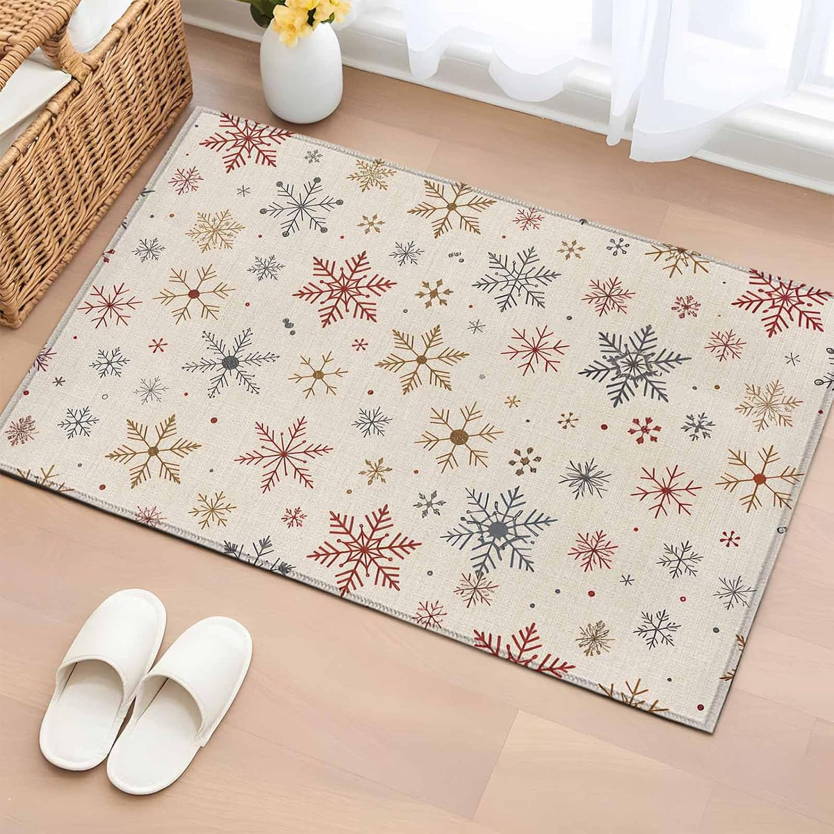 Merry Christmas 2x3 Area Rugs for Living Room, Watercolors Winter Red Yellow Grey Snowflakes Linen Texture Non Slip Floor Mat Washable Low-Profile Indoor Carpet for Bedroom, Dining Room, Bathroom