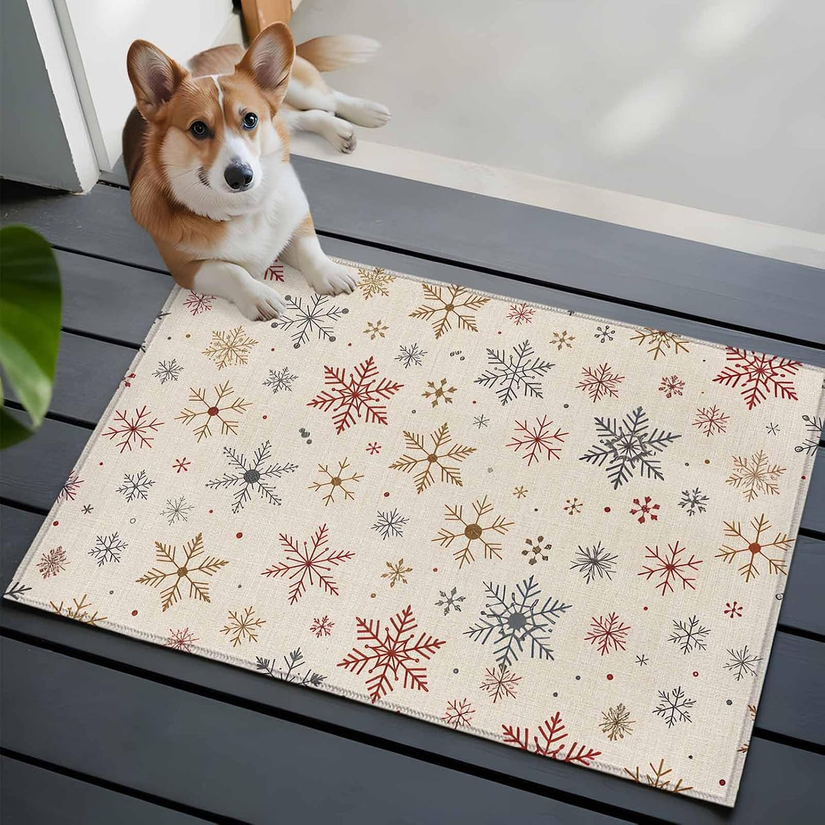 Merry Christmas 2x3 Area Rugs for Living Room, Watercolors Winter Red Yellow Grey Snowflakes Linen Texture Non Slip Floor Mat Washable Low-Profile Indoor Carpet for Bedroom, Dining Room, Bathroom