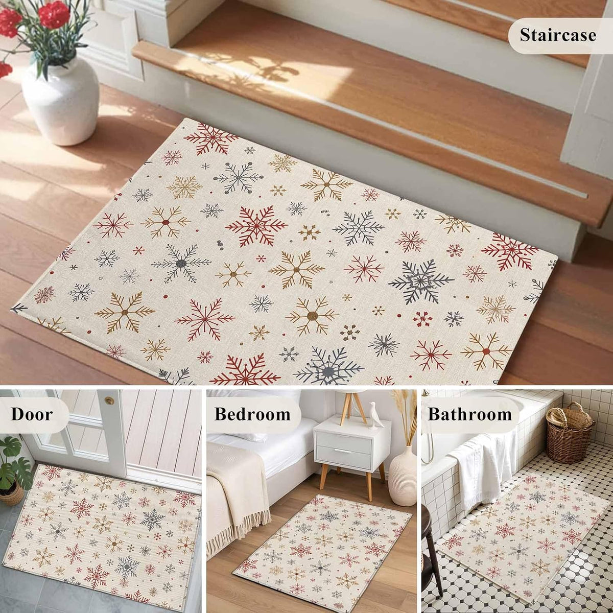Merry Christmas 2x3 Area Rugs for Living Room, Watercolors Winter Red Yellow Grey Snowflakes Linen Texture Non Slip Floor Mat Washable Low-Profile Indoor Carpet for Bedroom, Dining Room, Bathroom