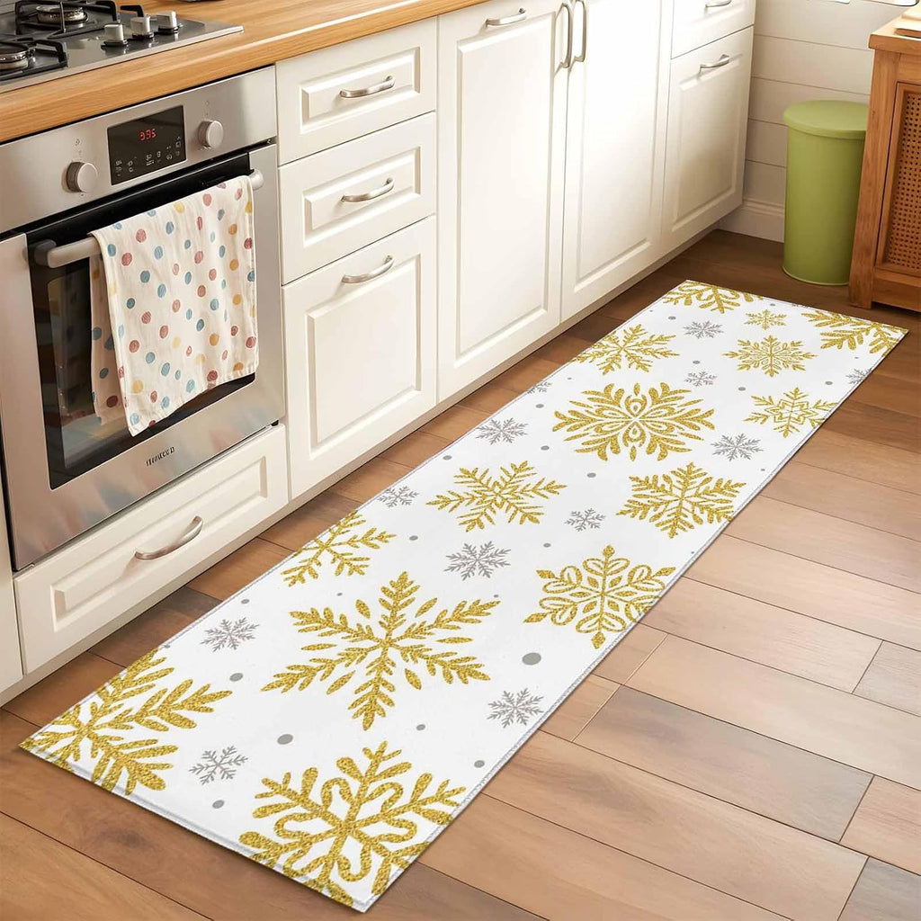 Christmas Area Rugs 2x6 for Kitchen Runner Rug, Winter Xmas Yellow Snowflakes Textured Non Slip Washable Rug Runner, Low Pile Indoor Floor Carpet Mat Bathroom Rugs for Bedroom, Kids Room