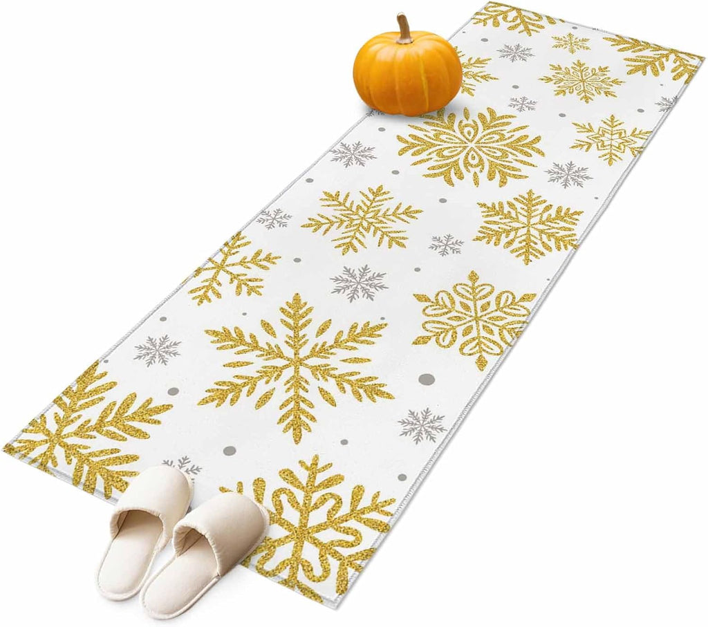 Christmas Area Rugs 2x6 for Kitchen Runner Rug, Winter Xmas Yellow Snowflakes Textured Non Slip Washable Rug Runner, Low Pile Indoor Floor Carpet Mat Bathroom Rugs for Bedroom, Kids Room