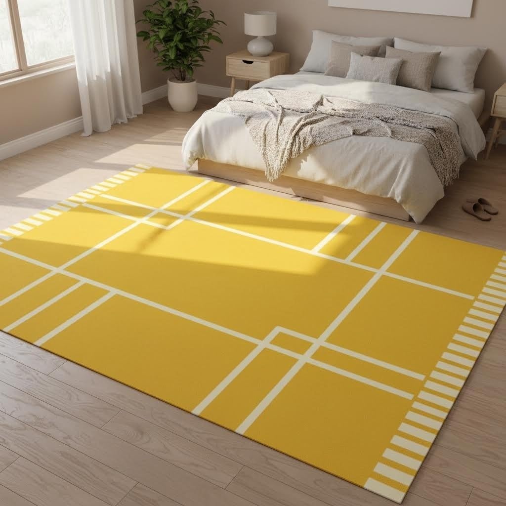 Modern Geometric Area Rug 4x6 Mid Century Modern Yellow Rug for Living Room Bedroom Home Office Low Pile Washable Indoor Carpet Contemporary Abstract Line Decor Nursery Apartment Non Slip Large Rugs