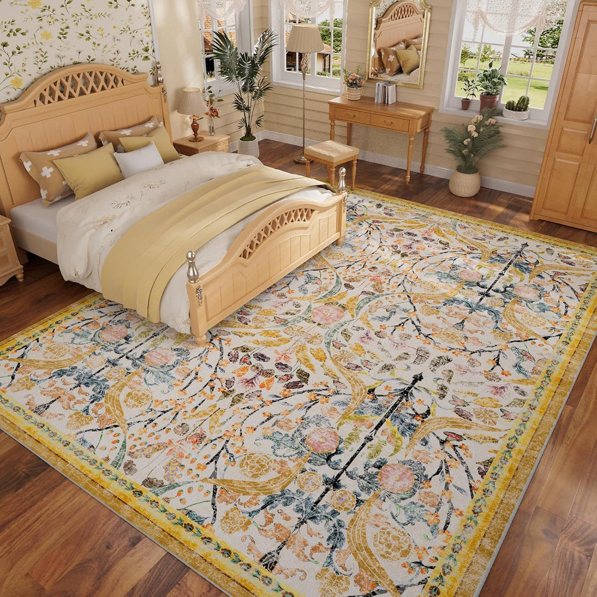 6x9 Washable Area Rugs for Living Room, Non-Slip Large Soft Boho Floral Vintage Accent Print Carpet for Bedroom Dorm Nursery Room Dining Room Farmhouse Home Office, Golden Yellow