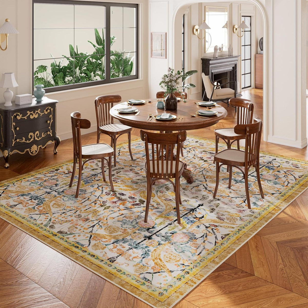 6x9 Washable Area Rugs for Living Room, Non-Slip Large Soft Boho Floral Vintage Accent Print Carpet for Bedroom Dorm Nursery Room Dining Room Farmhouse Home Office, Golden Yellow