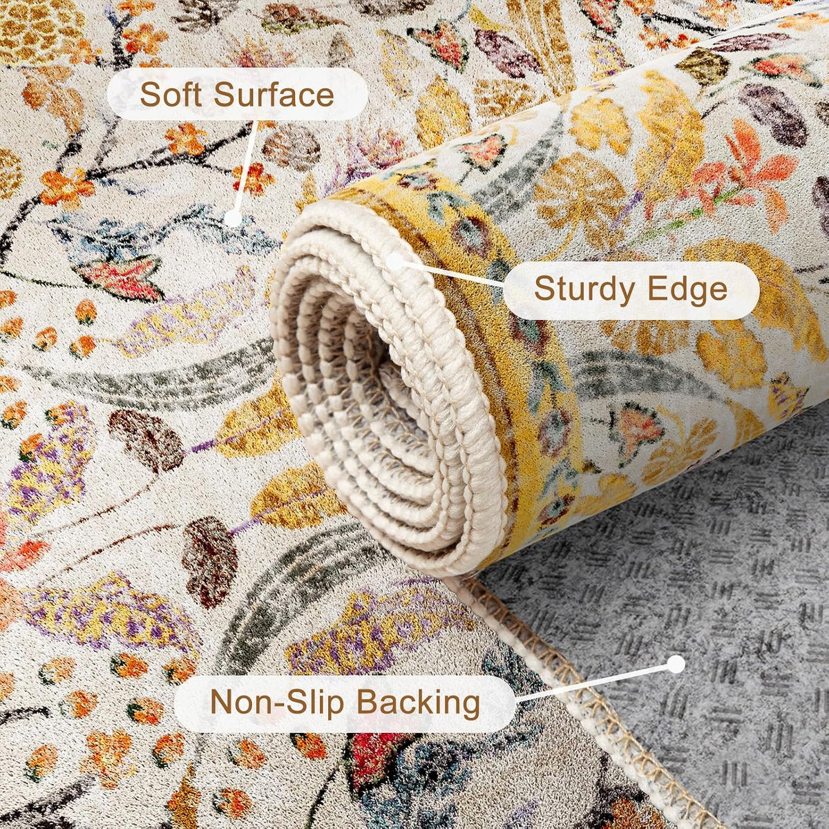 6x9 Washable Area Rugs for Living Room, Non-Slip Large Soft Boho Floral Vintage Accent Print Carpet for Bedroom Dorm Nursery Room Dining Room Farmhouse Home Office, Golden Yellow
