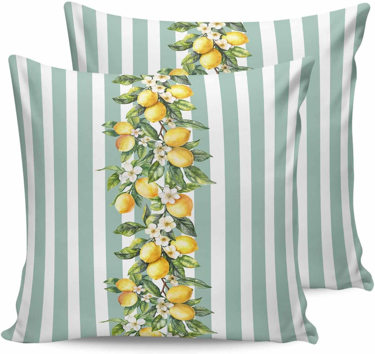 Yellow Lemon Floral 2PCS Throw Pillow Covers for Couch Sofa Bed, Sage Green Stripe Pillow Covers 16x16 inch, Standard Pillowcases Set Decorative Cushion Covers for Living Room Bedroom