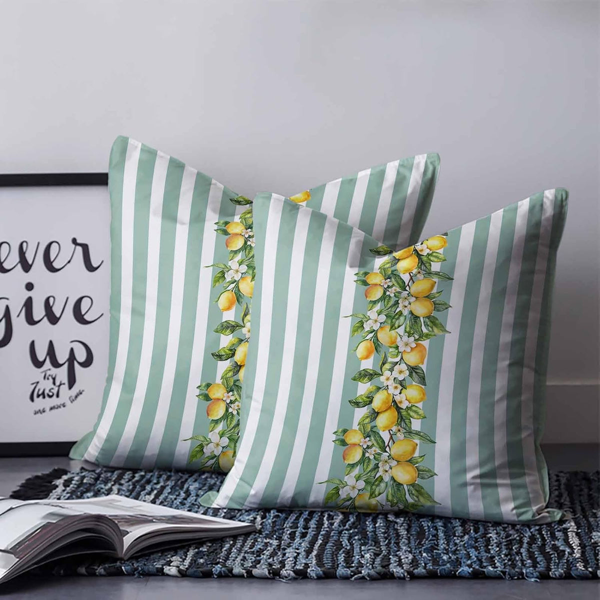 Yellow Lemon Floral 2PCS Throw Pillow Covers for Couch Sofa Bed, Sage Green Stripe Pillow Covers 16x16 inch, Standard Pillowcases Set Decorative Cushion Covers for Living Room Bedroom