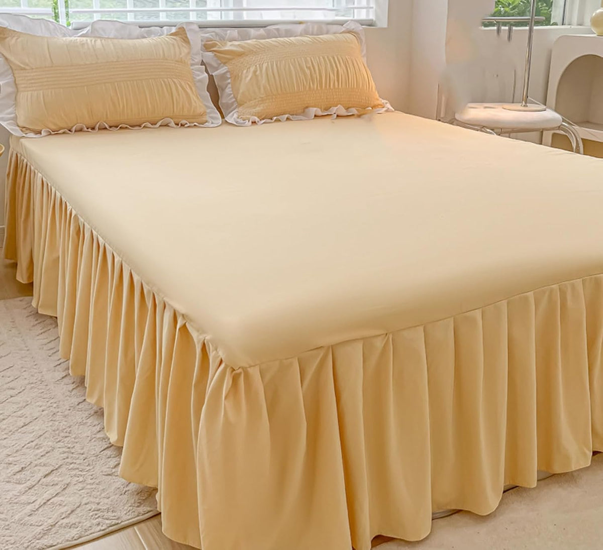 Elegant Solid Color Ruffled Bed Skirt with Sheet,Dust Ruffle Bedskirt 17.7" Long Drop,Queen