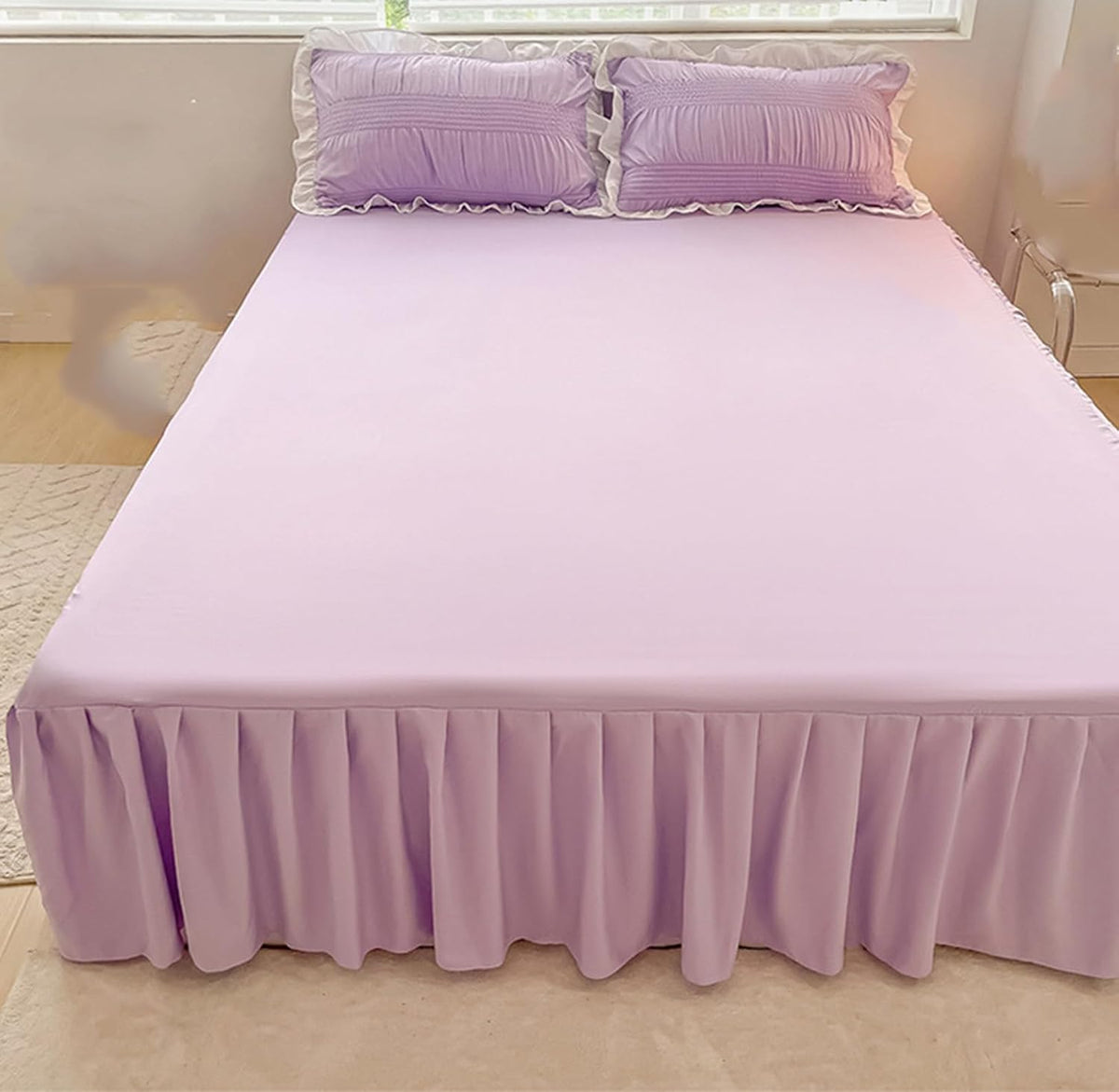 Elegant Solid Color Ruffled Bed Skirt with Sheet,Dust Ruffle Bedskirt 17.7" Long Drop,Queen