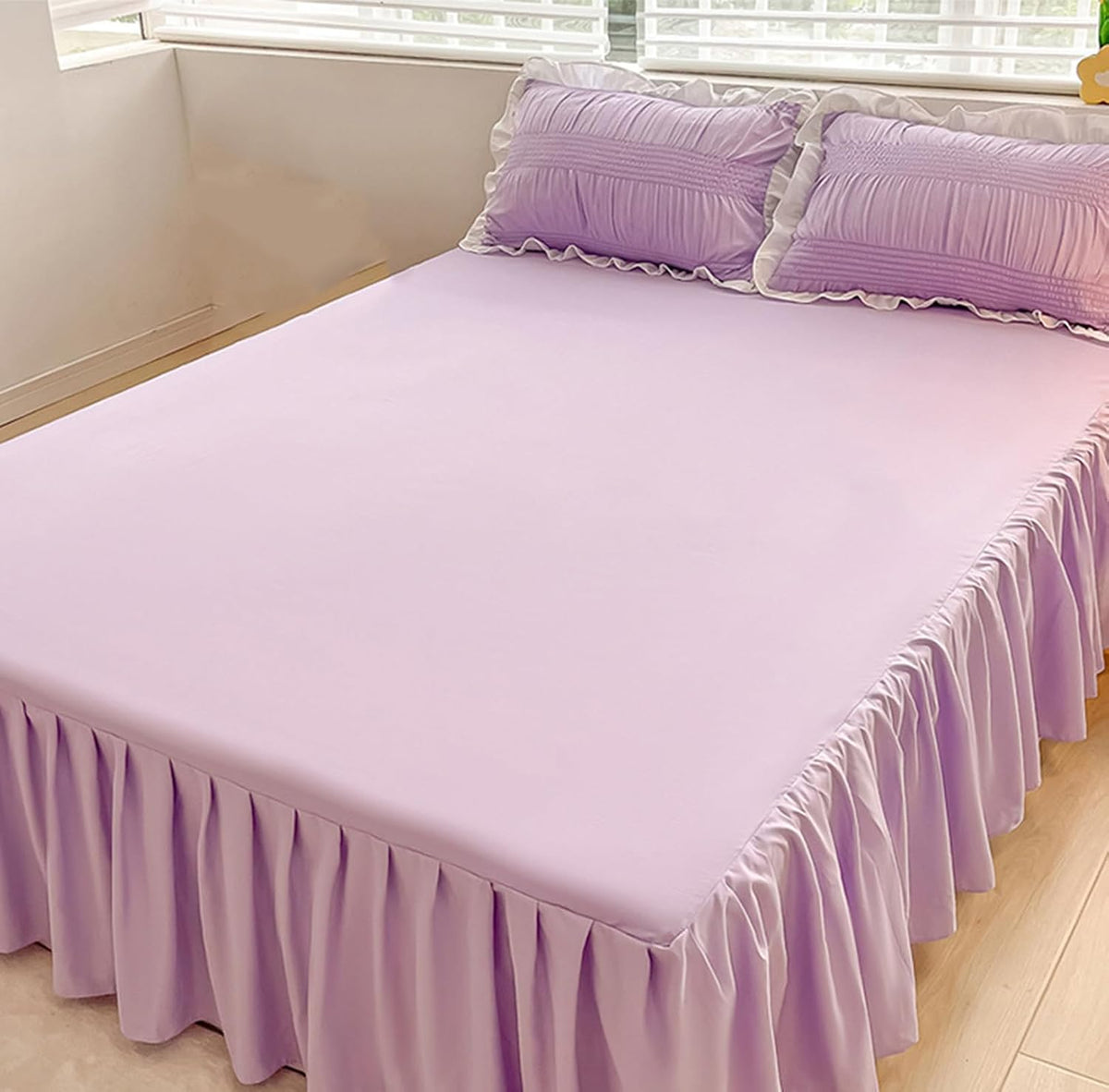 Elegant Solid Color Ruffled Bed Skirt with Sheet,Dust Ruffle Bedskirt 17.7" Long Drop,Queen