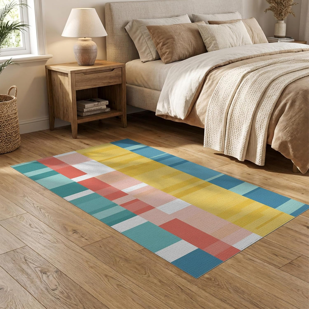 5'x7' Teal Geometric Patchwork Stripes Washable Area Rug