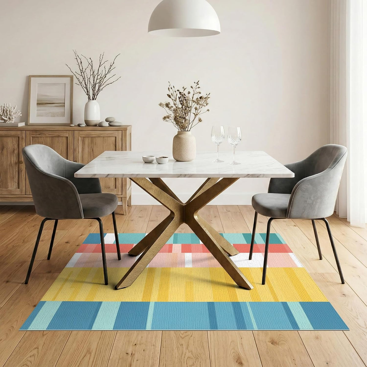 5'x7' Teal Geometric Patchwork Stripes Washable Area Rug