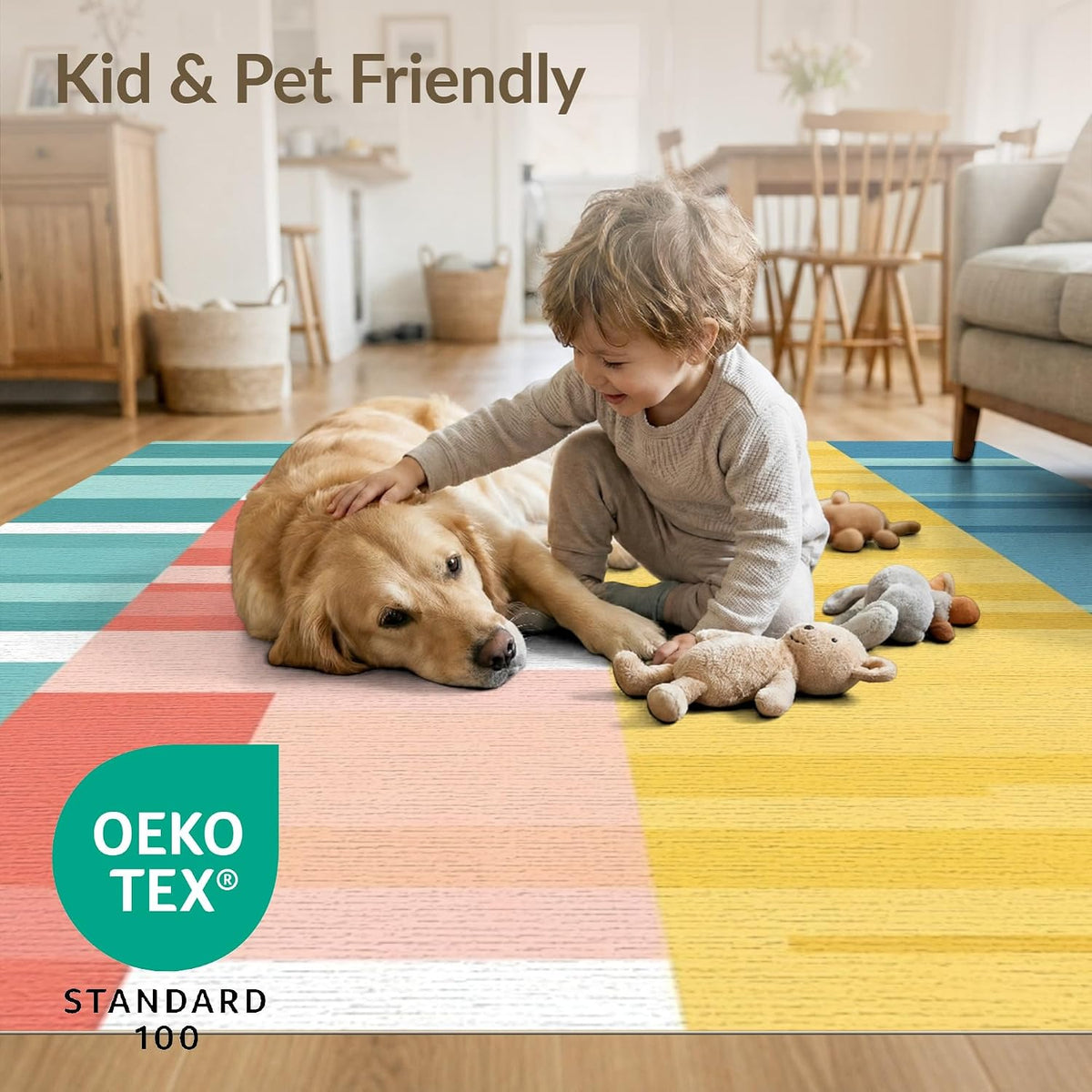 5'x7' Teal Geometric Patchwork Stripes Washable Area Rug