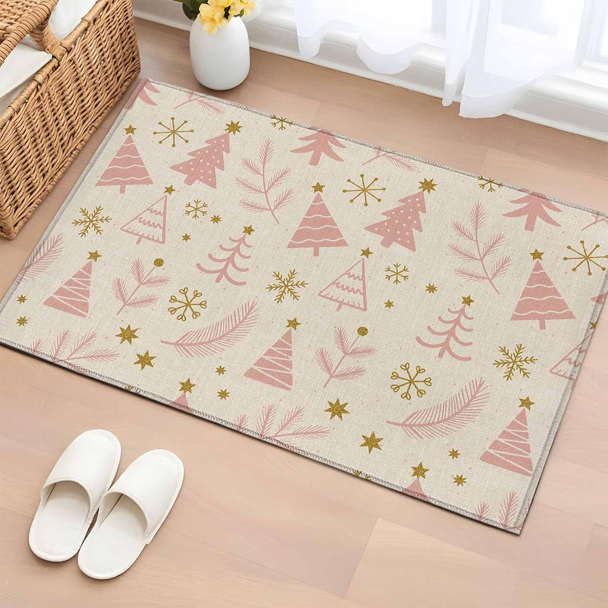 Pink Christmas Tree 2x3 Area Rugs for Living Room, Vintage Yellow Star Snowflakes Winter Non Slip Floor Mat Washable Low-Profile Indoor Carpet for Bedroom, Dining Room, Bathroom