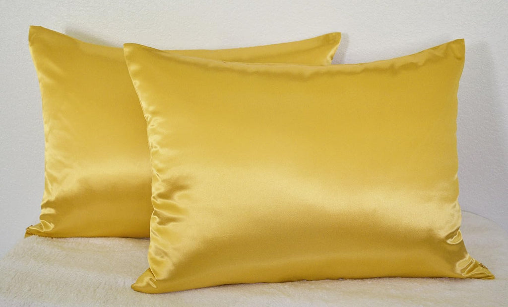 Aiking Home 100% Polyester Bridal Satin Luxury Pillowcases – Set of 2 Invisible Zipper Pillowcases - Machine Washable - (Queen 20x30 inch, Yellow)