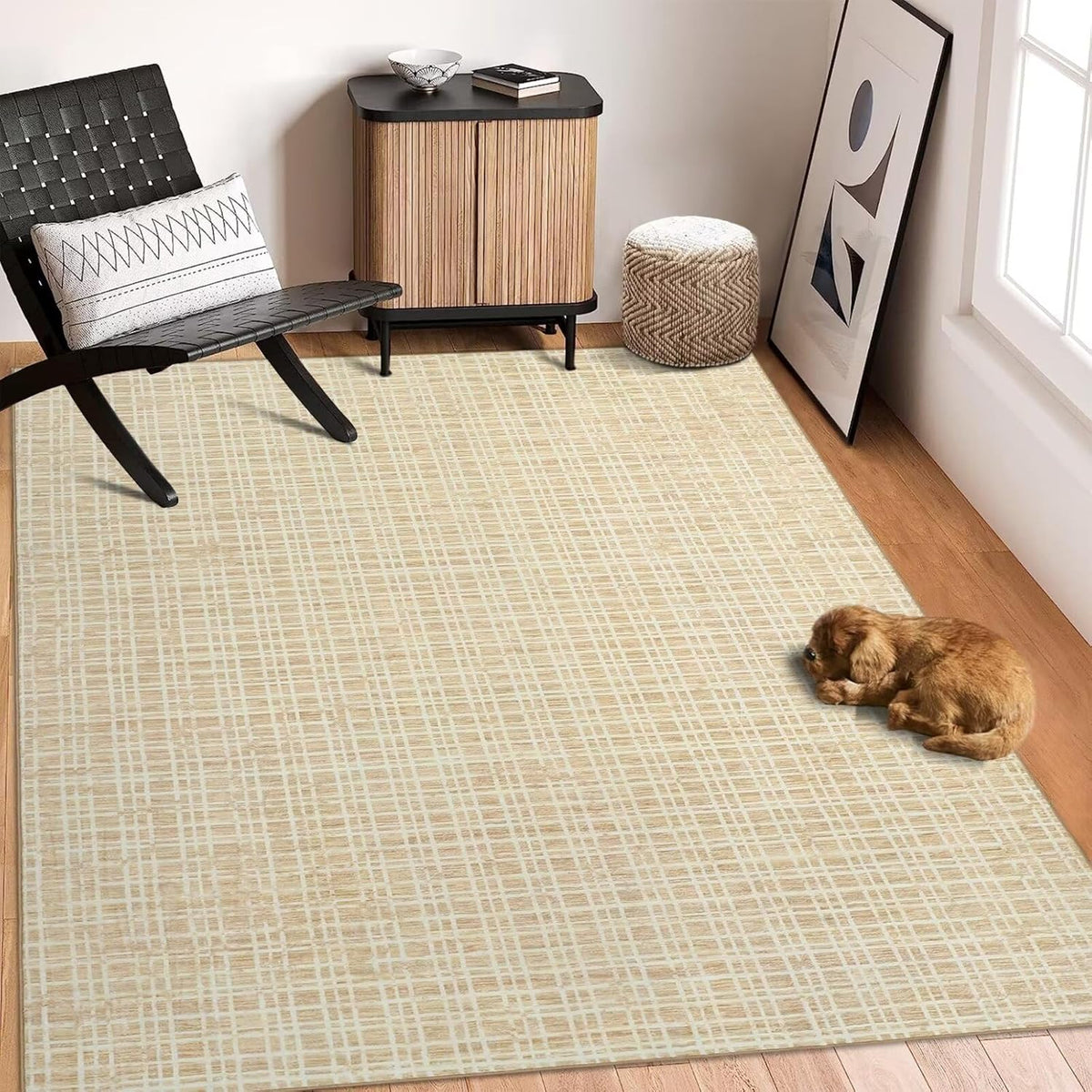 Soft Area Rug 5x7 Modern Lines Yellow Rug for Bedroom Washable Rug Low Pile Artistic Abstract Rug Contemporary Plush Rug Indoor Non-Slip Floor Carpet for Living Room Non-Shedding Floor Cover