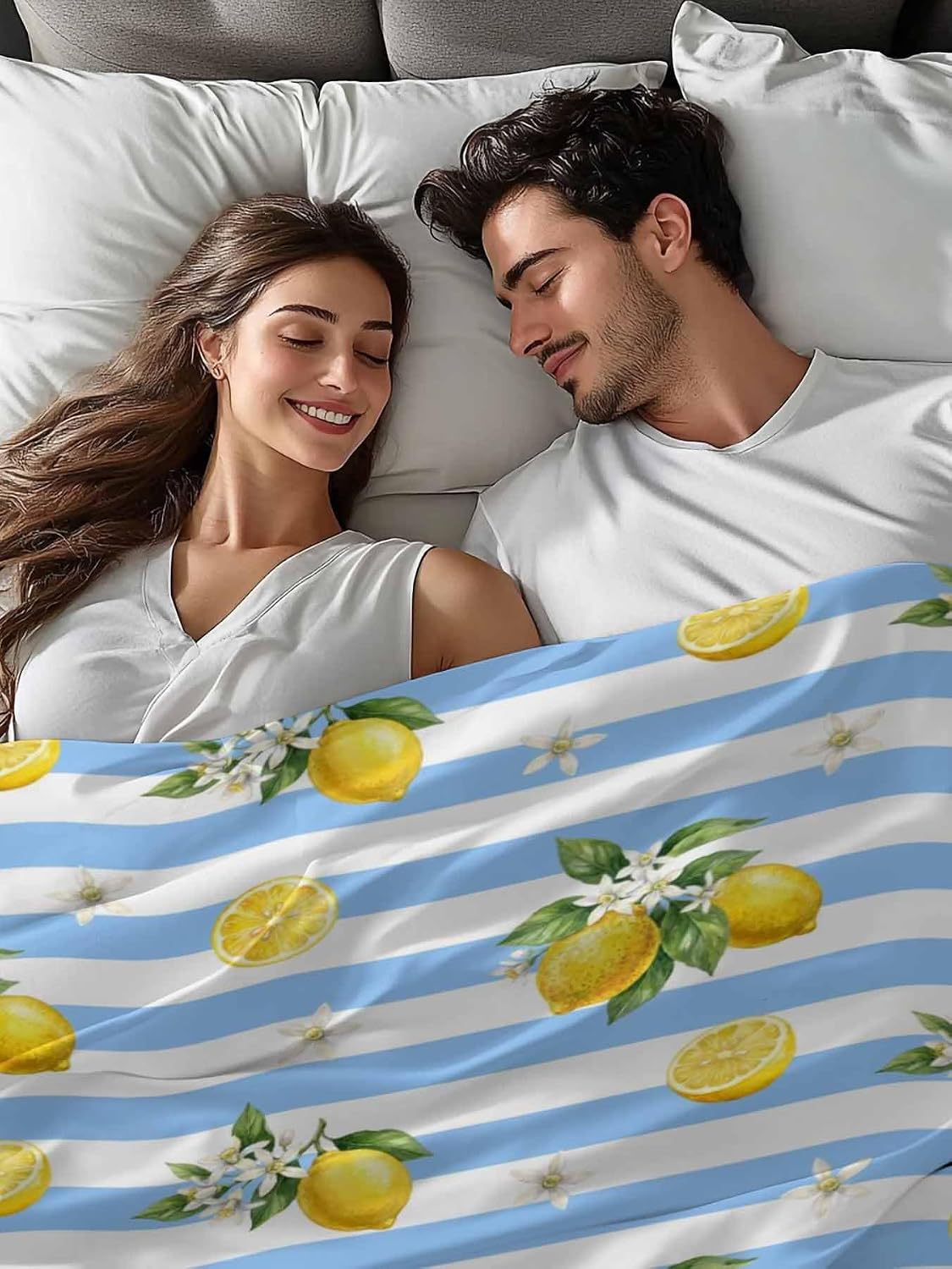 Queen Size Top Sheet Only, Summer Lemon Flower Leaf Flat Sheet Microfiber Breathable Soft Bed Sheets, Yellow Fruit Blue White Stripe Hotel Bedding Flat Sheets for Bedroom