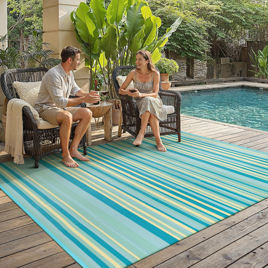 Outdoor Plastic Straw Rug Waterproof Patio 6x9 Teal Yellow Stripe Mat for Porch Camping RV Balcony Deck Courtyard Reversible Lightweight Durable Portable Carpet