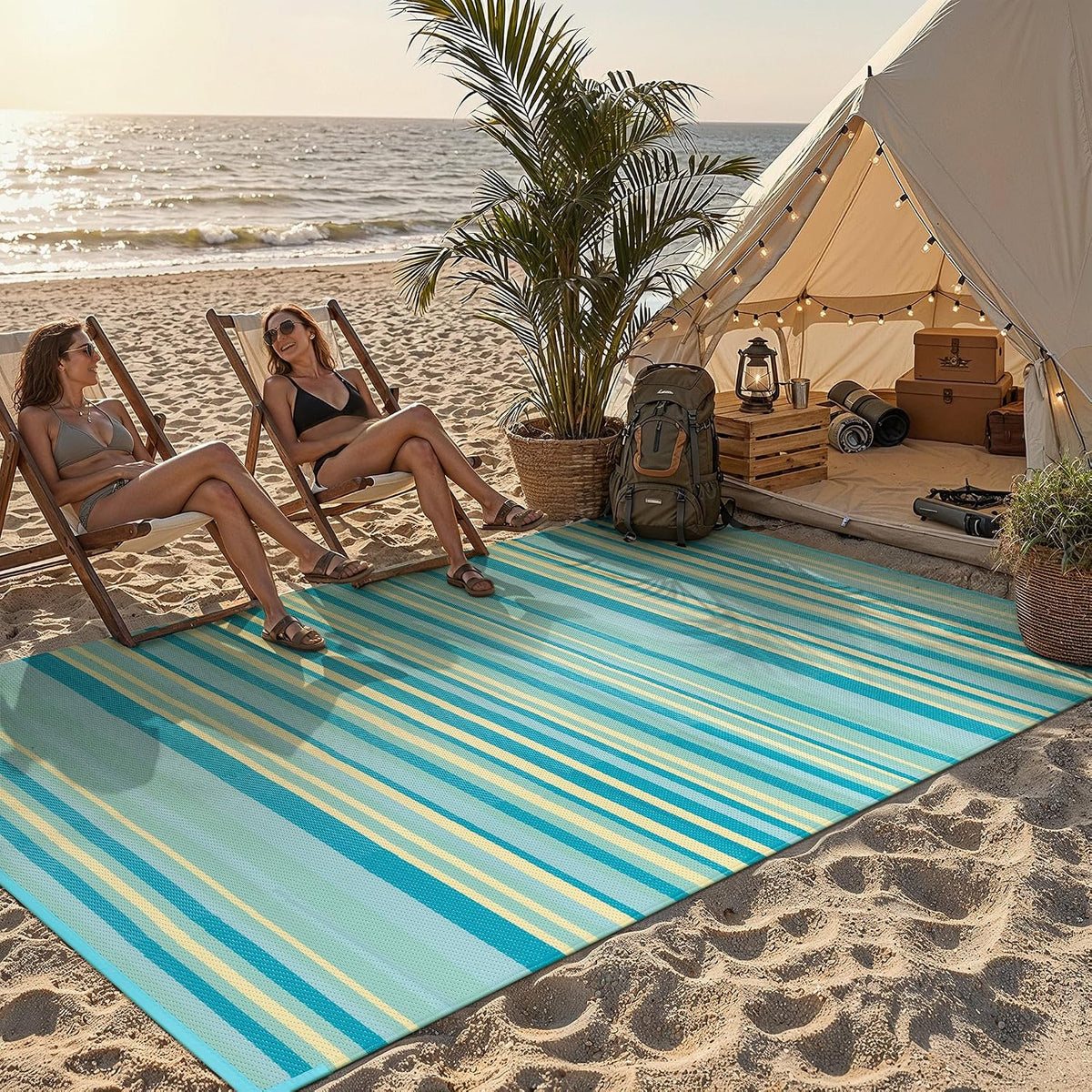 Outdoor Plastic Straw Rug Waterproof Patio 6x9 Teal Yellow Stripe Mat for Porch Camping RV Balcony Deck Courtyard Reversible Lightweight Durable Portable Carpet