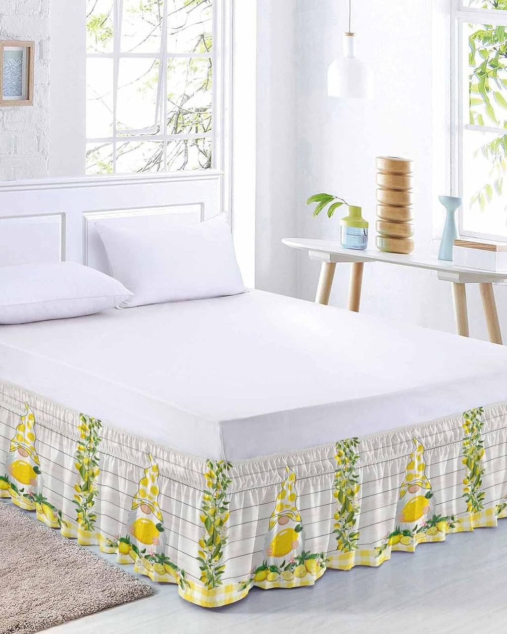 Lemon Gnomes Bed Skirt Queen Size 16 Inch Drop, Adjustable Elastic Wrap Around Bed Skirts Easy Fitting Dust Ruffle Bedskirt Bed Frame Cover Summer Country Yellow Fruit Wooden Plaid