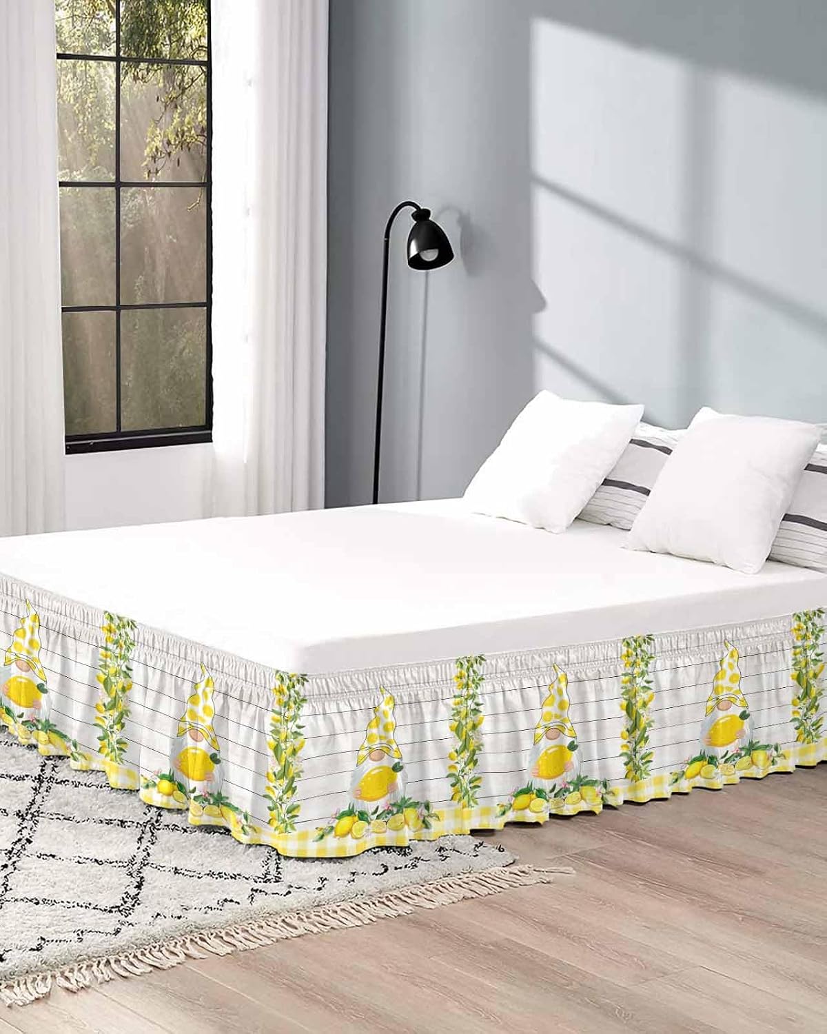 Lemon Gnomes Bed Skirt Queen Size 16 Inch Drop, Adjustable Elastic Wrap Around Bed Skirts Easy Fitting Dust Ruffle Bedskirt Bed Frame Cover Summer Country Yellow Fruit Wooden Plaid