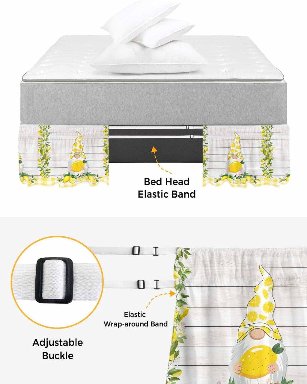 Lemon Gnomes Bed Skirt Queen Size 16 Inch Drop, Adjustable Elastic Wrap Around Bed Skirts Easy Fitting Dust Ruffle Bedskirt Bed Frame Cover Summer Country Yellow Fruit Wooden Plaid