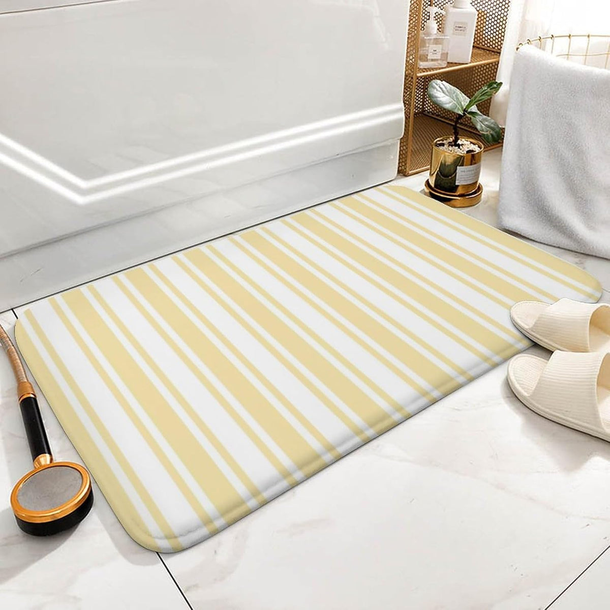 Pale Yellow and White Candy Stripes Bathroom Rugs, Non Slip & Absorbent Bath Mat Carpets for Bathroom, Entryway or Sink 16" x 24"
