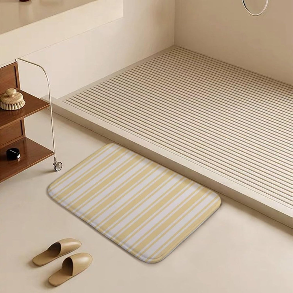 Pale Yellow and White Candy Stripes Bathroom Rugs, Non Slip & Absorbent Bath Mat Carpets for Bathroom, Entryway or Sink 16" x 24"