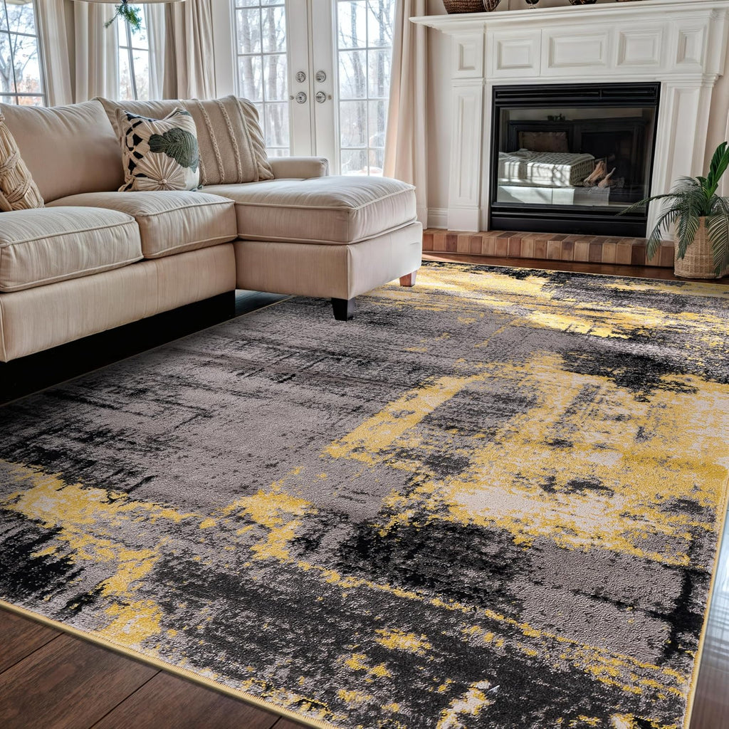 Modern Abstract Soft Living Room Bedroom Area Rug Yellow 5' x 7'