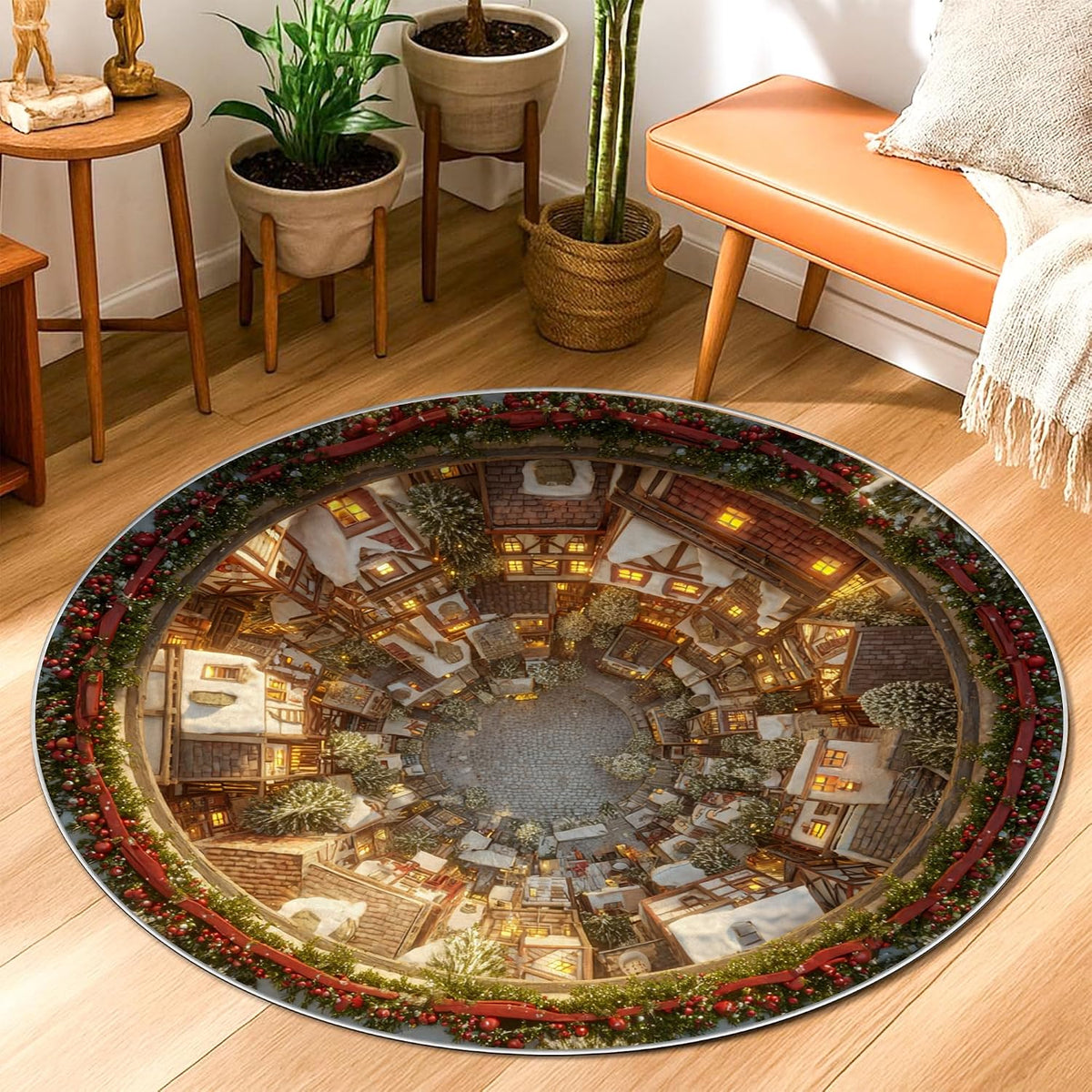 Cottage Area Rug, Winter Festive Snow Trees Christmas Warm Yellow Low Pile Home Floor Doormat Circle Print Accents Rug Bathroom Doorway Entryway Bedside Decor 3' X 3'