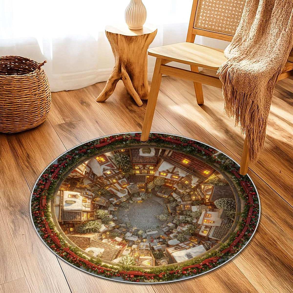 Cottage Area Rug, Winter Festive Snow Trees Christmas Warm Yellow Low Pile Home Floor Doormat Circle Print Accents Rug Bathroom Doorway Entryway Bedside Decor 3' X 3'