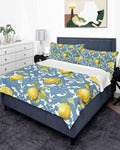 Twin Size Top Sheet Only, Summer Lemon Leaves Yellow Fruit Flat Sheet Microfiber Breathable Soft Bed Sheet, Abstract Floral Pattern on Blue Hotel Luxury Bedding Flat Sheets for Bedroom