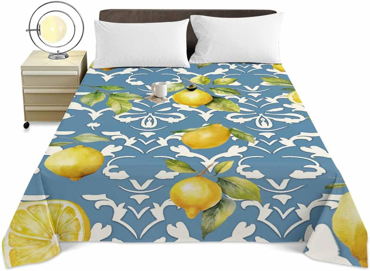 Twin Size Top Sheet Only, Summer Lemon Leaves Yellow Fruit Flat Sheet Microfiber Breathable Soft Bed Sheet, Abstract Floral Pattern on Blue Hotel Luxury Bedding Flat Sheets for Bedroom