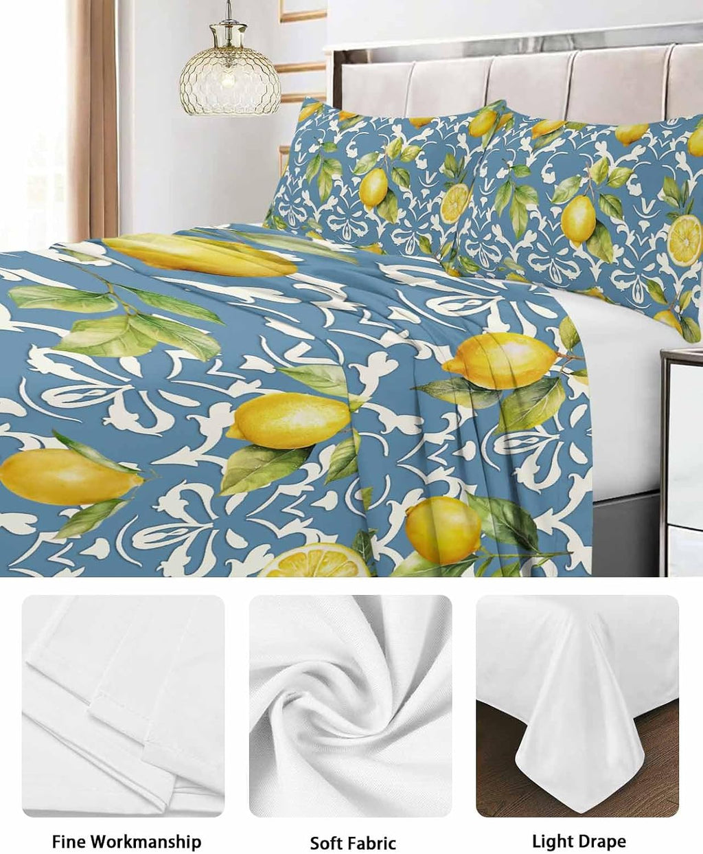 Twin Size Top Sheet Only, Summer Lemon Leaves Yellow Fruit Flat Sheet Microfiber Breathable Soft Bed Sheet, Abstract Floral Pattern on Blue Hotel Luxury Bedding Flat Sheets for Bedroom