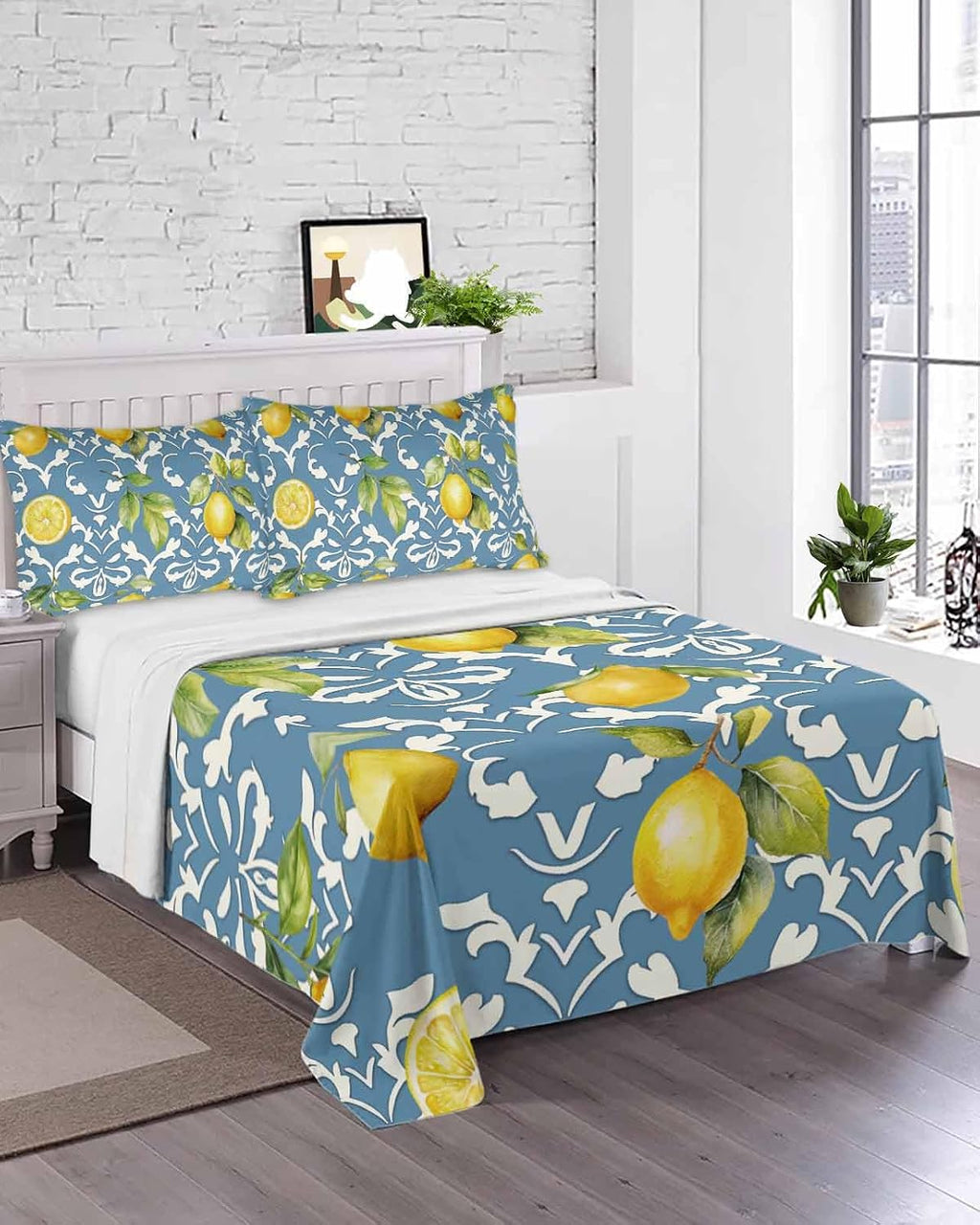 Twin Size Top Sheet Only, Summer Lemon Leaves Yellow Fruit Flat Sheet Microfiber Breathable Soft Bed Sheet, Abstract Floral Pattern on Blue Hotel Luxury Bedding Flat Sheets for Bedroom