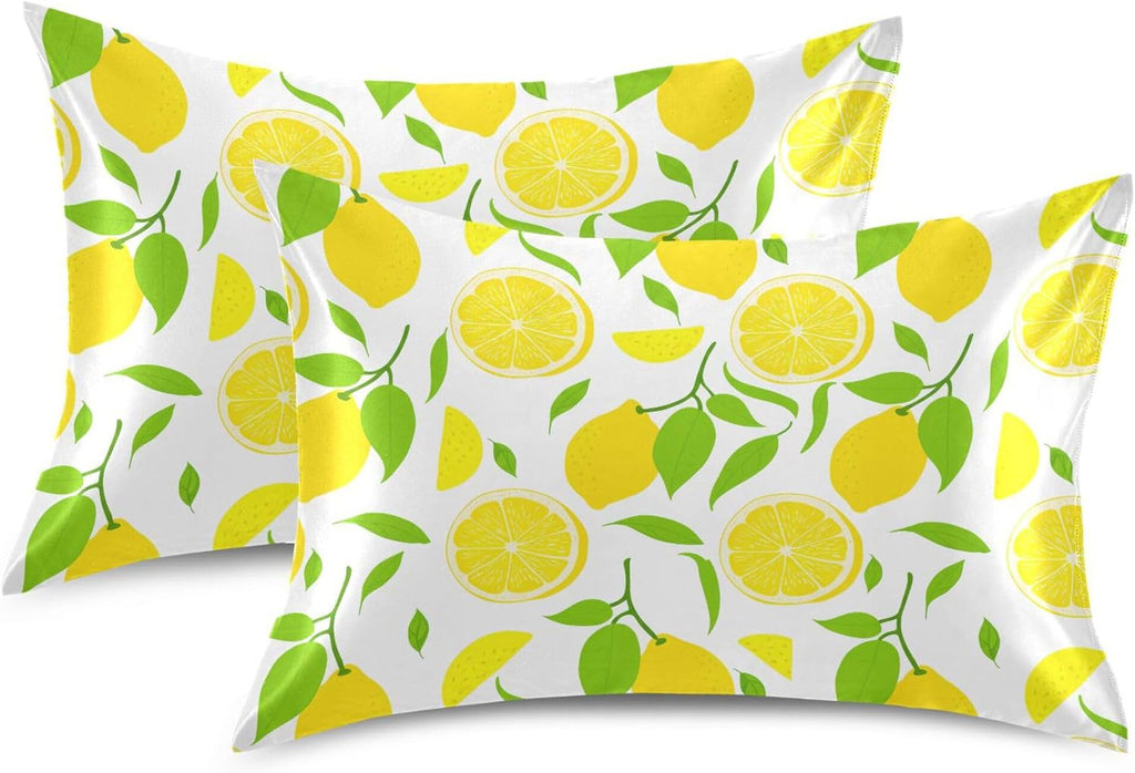 Bright Yellow Lemons Satin Pillow Cases, Soft Cozy Wrinkle Free Pillow Covers, Machine Washable Pillowcase Covers with Envelope Closure Standard Size 20” x 26”