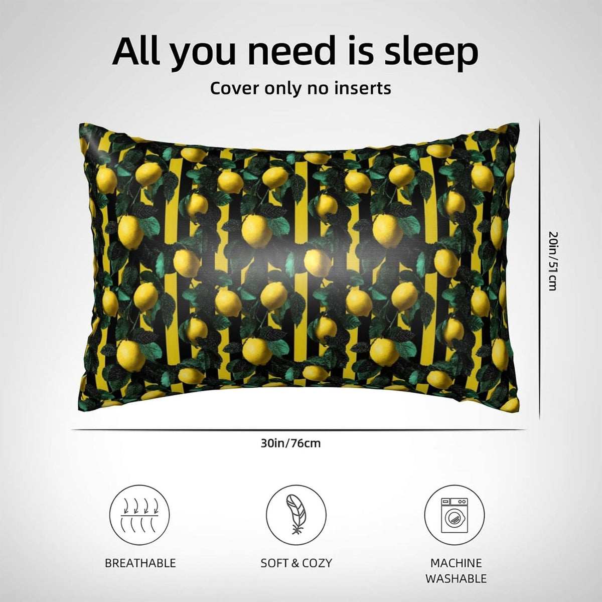 Yellow Black Striped Lemon Print Satin Pillowcase for Hair and Skin, 20x30 Inches Pillow Cases, Queen Size Pillowcases with Zipper, Similar to Silk Pillow Covers