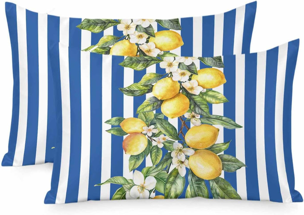 Yellow Lemon Floral Standard Pillowcase Set of 2, Blue Stripe Satin Pillow Case Cover with Smooth Hidden Zipper Closure, Soft Throw Pillow Covers Cases for Home Decoration 20 X 26 Inches