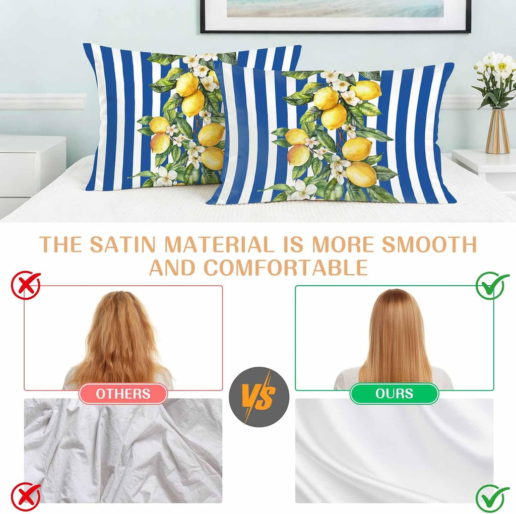 Yellow Lemon Floral Standard Pillowcase Set of 2, Blue Stripe Satin Pillow Case Cover with Smooth Hidden Zipper Closure, Soft Throw Pillow Covers Cases for Home Decoration 20 X 26 Inches