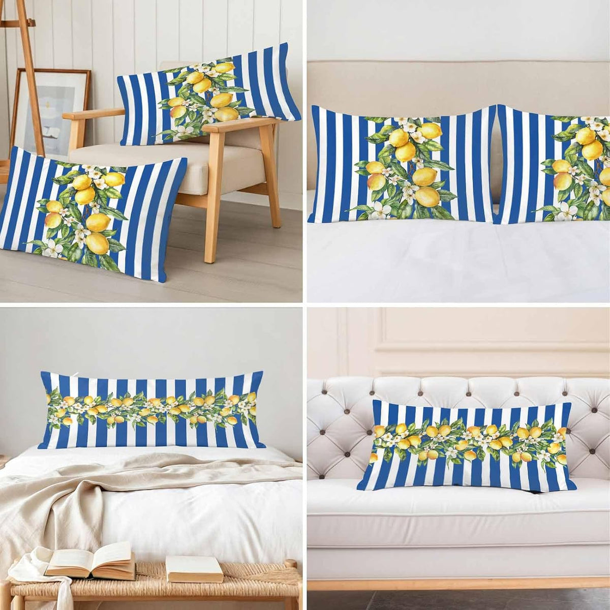 Yellow Lemon Floral Standard Pillowcase Set of 2, Blue Stripe Satin Pillow Case Cover with Smooth Hidden Zipper Closure, Soft Throw Pillow Covers Cases for Home Decoration 20 X 26 Inches