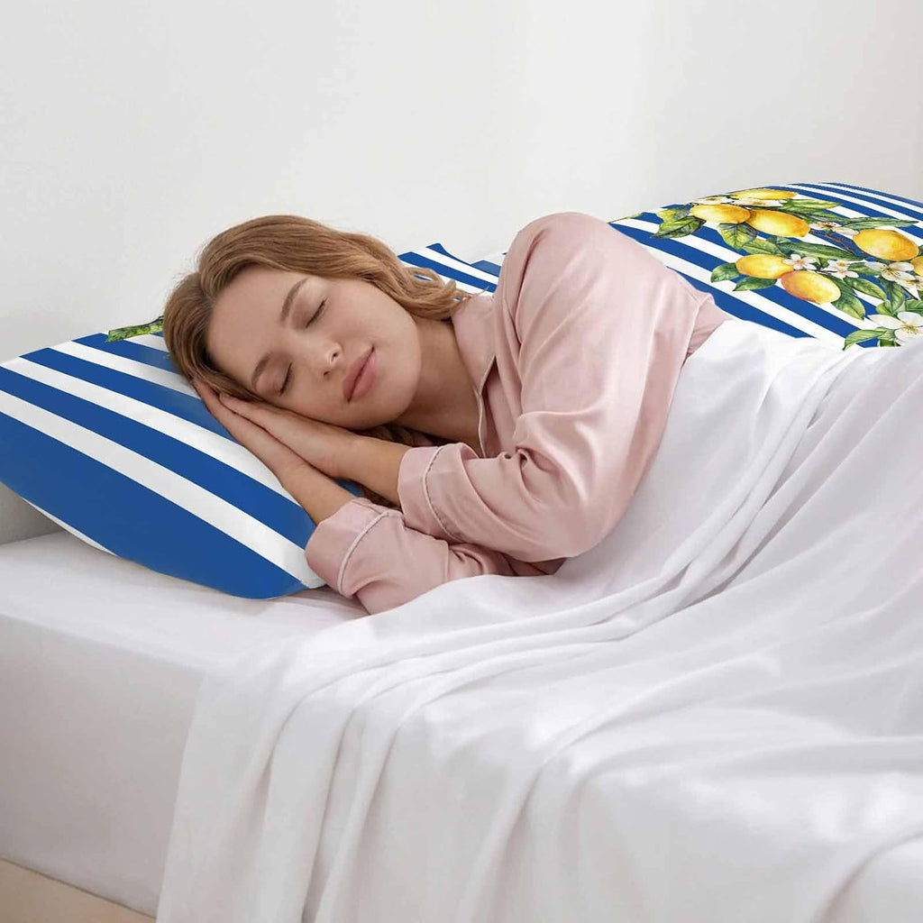 Yellow Lemon Floral Standard Pillowcase Set of 2, Blue Stripe Satin Pillow Case Cover with Smooth Hidden Zipper Closure, Soft Throw Pillow Covers Cases for Home Decoration 20 X 26 Inches