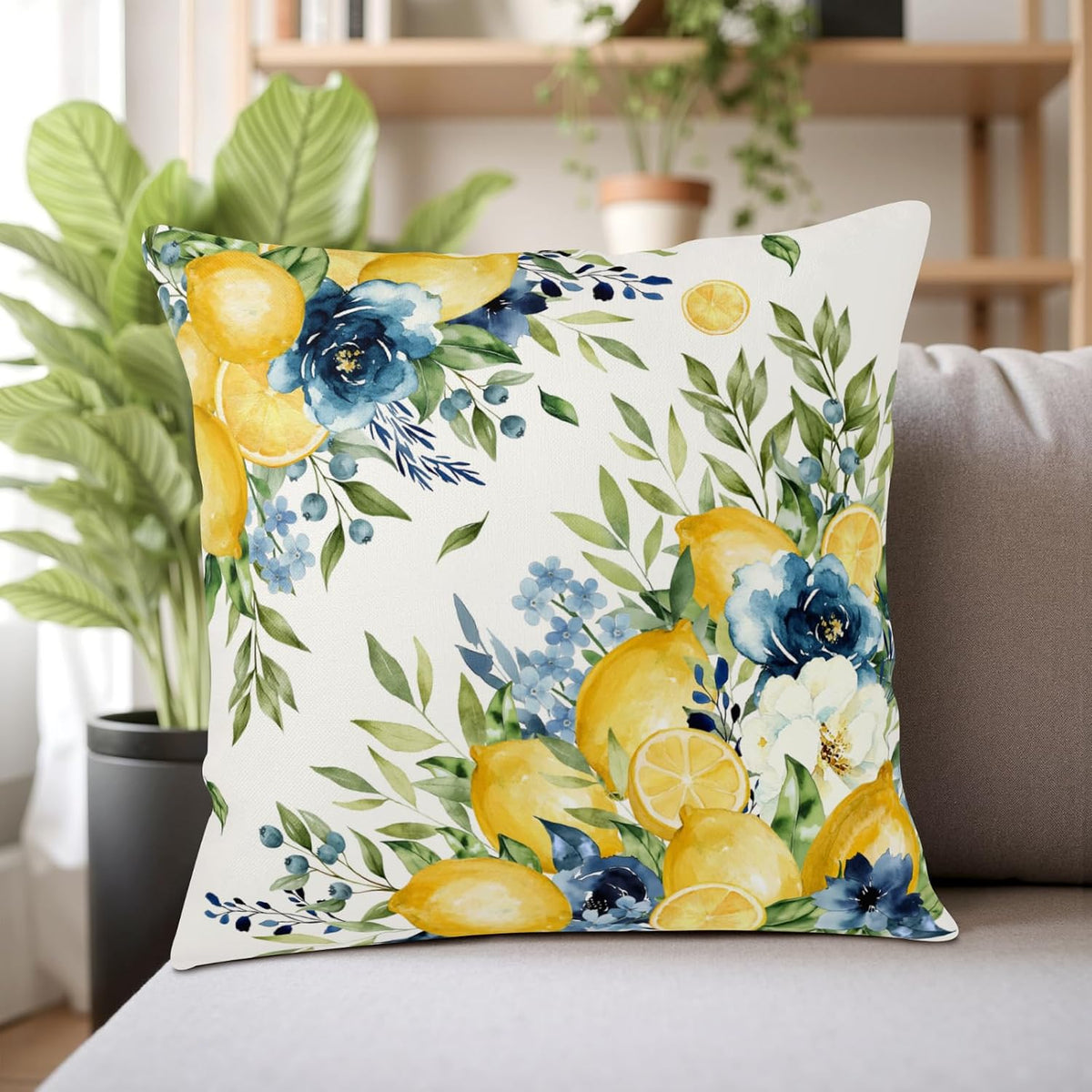 Summer Lemon Floral Pillow Covers 16x16 Set of 2 Yellow and Blue Lemons Fruit Flower Decorative Pillow Cases Spring Farmhouse Cushion Cover for Outdoor Sofa Couch Home Decor