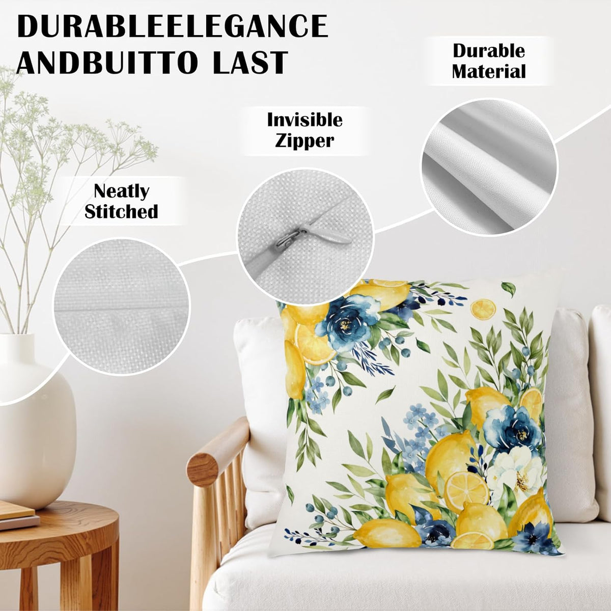 Summer Lemon Floral Pillow Covers 16x16 Set of 2 Yellow and Blue Lemons Fruit Flower Decorative Pillow Cases Spring Farmhouse Cushion Cover for Outdoor Sofa Couch Home Decor