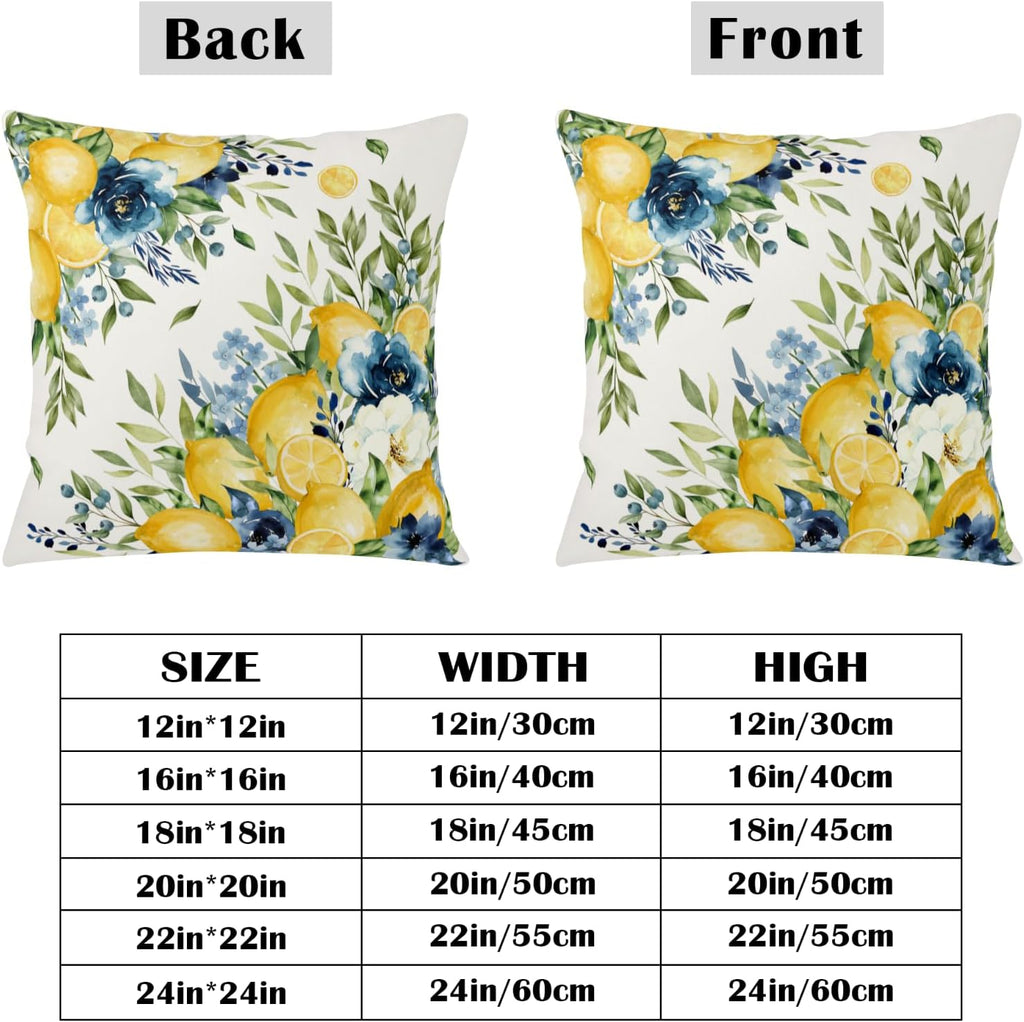 Summer Lemon Floral Pillow Covers 16x16 Set of 2 Yellow and Blue Lemons Fruit Flower Decorative Pillow Cases Spring Farmhouse Cushion Cover for Outdoor Sofa Couch Home Decor